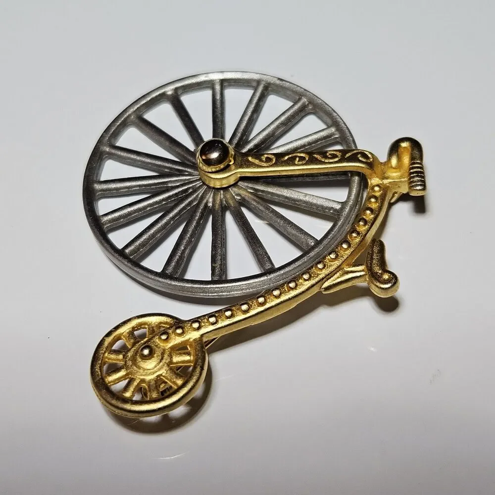 Vintage JJ Jonette Silver & Gold Tone Bicycle Spinning Wheel Articulated Pin